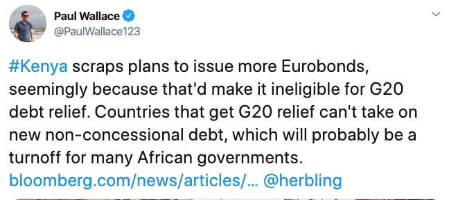         
        
            
            
        
    Kenya’s Dilemma: If It Wants G20 Relief Then It Can’t Issue More Bonds or Take out More Loans. So How Does It Close a Gaping Budget Deficit?