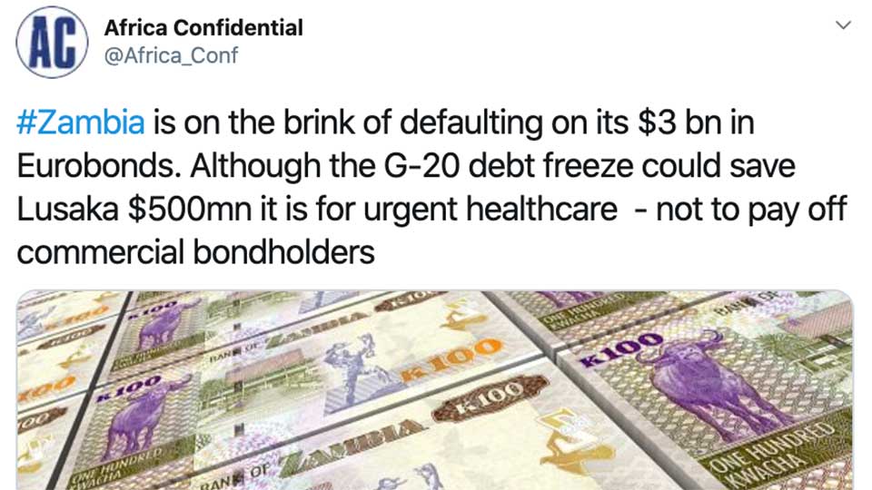        
        
            
            
        
    Africa Confidential: Zambia Close to Eurobond Default