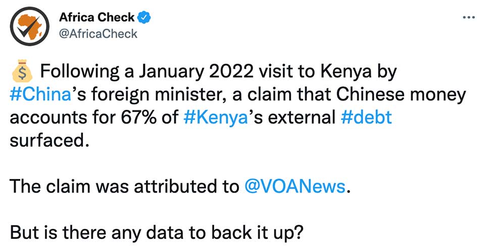         
        
            
            
        
    Africa Check Challenges a VOA News Report on the Share of Kenya’s External Debt Owed to China
