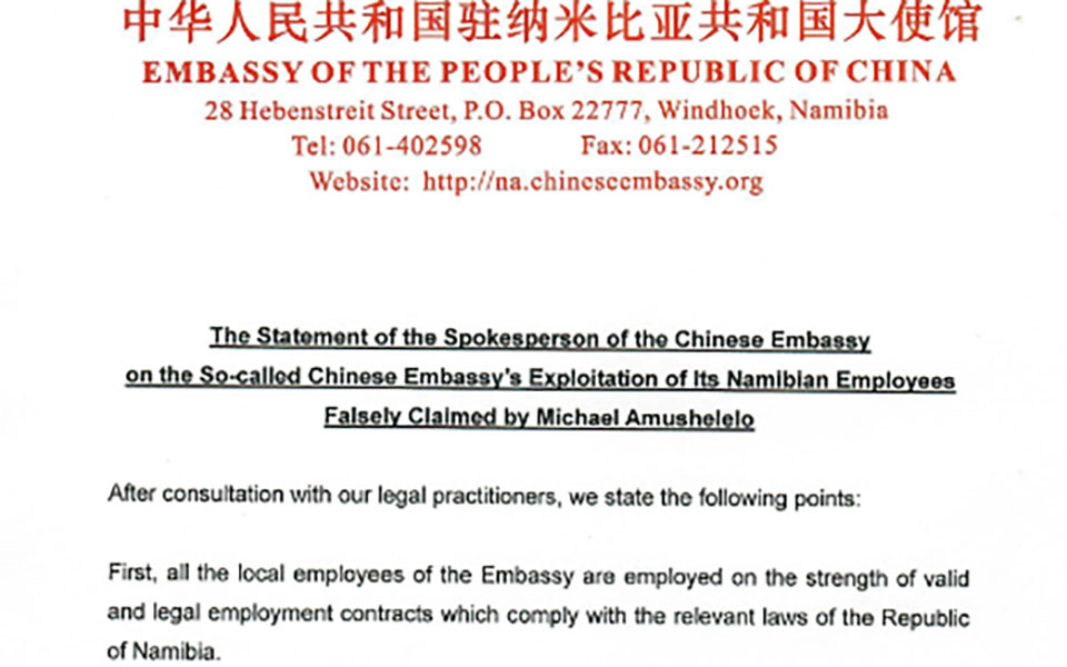         
        
            
            
        
    Chinese Embassy in Namibia Exploits Workers: Activist