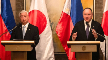 Philippines' Secretary of National Defence Gilberto Teodoro (R) and Japan's Defence Minister Gen Nakatani hold a joint press briefing after their bilateral meeting at a hotel in Manila on February 24, 2025.