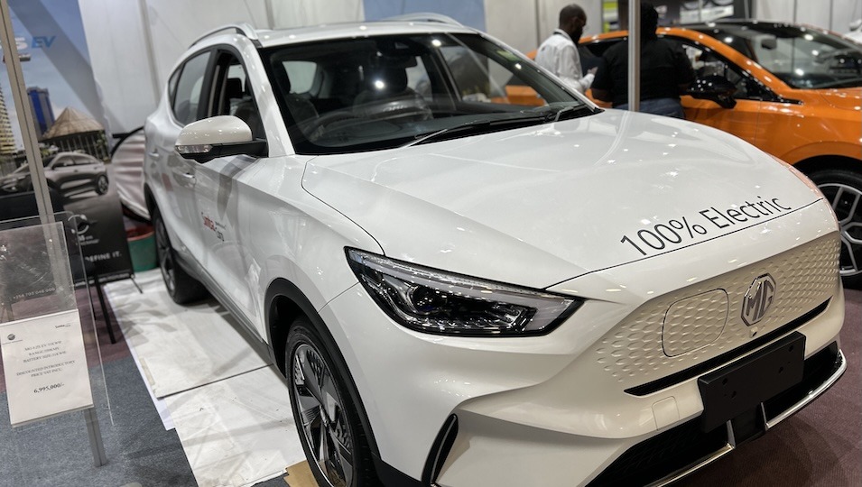 A fully electric MG4 EV retailing at $54,000 during an exhibition in Nairobi, Kenya on May 5, 2025. The car’s price is made up of almost 55% in taxes. Photo: Njenga Hakeenah / CGSP