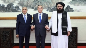 Pakistan's Foreign Minister Ishaq Dar, China's Foreign Minister Wang Yi, and Afghanistan's acting Foreign Minister Amir Khan Muttaqi on May 21 2025. Photo: Xinhua