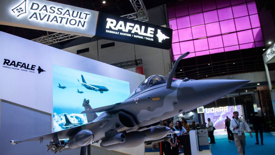 The mockup of the Rafale multirole jet fighter is displayed at the French pavilion during the Indo Defence 2025 Exhibition in Jakarta, Indonesia, on June 11, 2025.