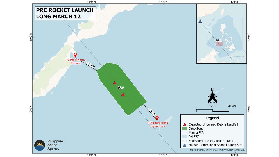 Map of suspected debris from China’s Long March 12 rocket fell near the Philippines, prompting condemnation from officials and raising concerns over maritime and aviation safety.