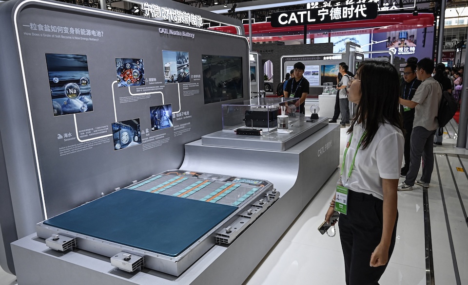 A CATL Naxtra battery is seen at a CATL booth during the China International Supply Chain Expo (CISCE) in Beijing on July 16, 2025. CATL has partnered for battery maintenance services across Africa. Photo / Jade GAO / AFP
