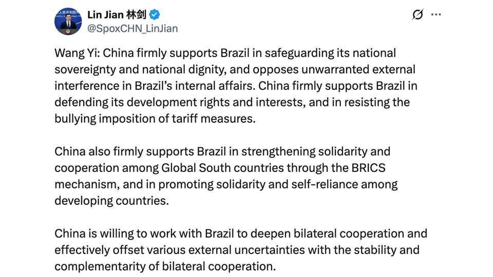         
        
            
            
        
    Chinese Foreign Minister Pledges Support for Brazil in Tariff Fight