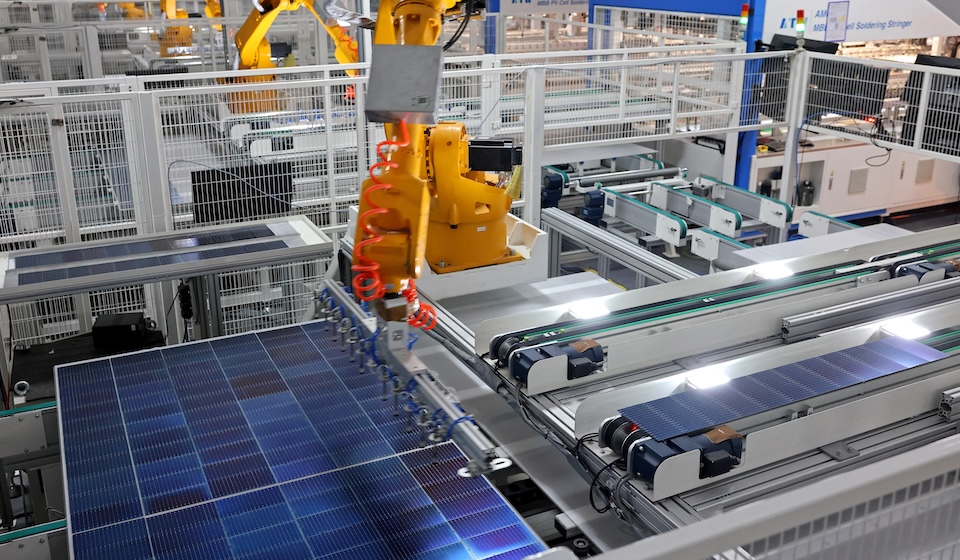 A robot arm produces solar modules at an energy production enterprise in Zaozhuang Economic Development Zone, in Shandong province, China, on February 20, 2025. Is building its solar manufacturing industry but reliance on China is inevitable. Photo by CFOTO / NurPhoto via AFP