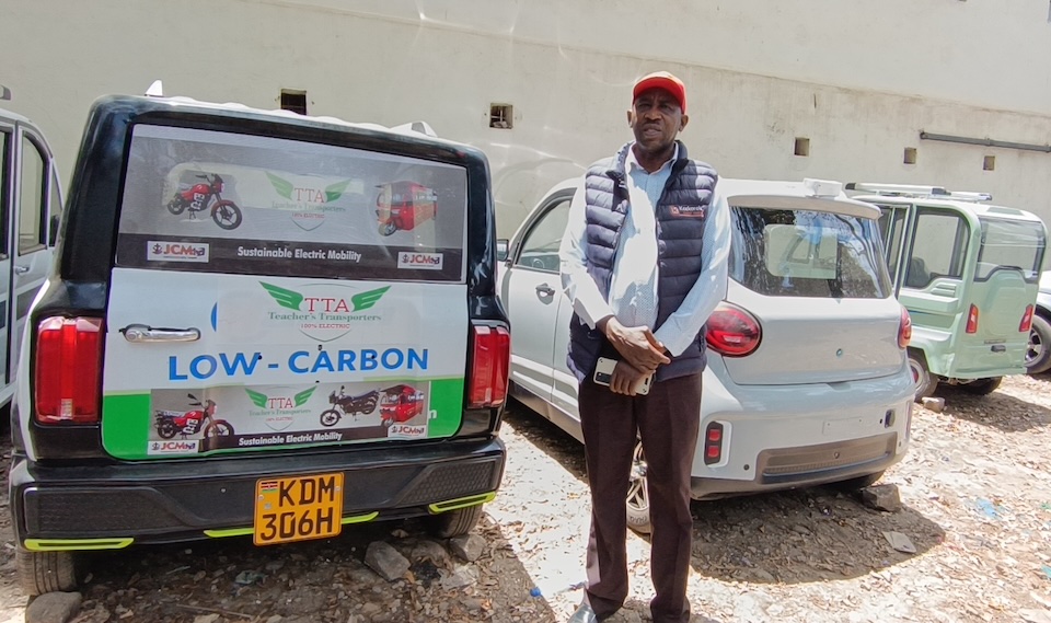 Peter Kihara poses with some of the electric vehicles that the Teachers Transporters Agency is selling in Kenya. The company offers customized solutions that align with customers’ needs, including battery ownership of electric motorcycles. Photo / Njenga Hakeenah / CGSP