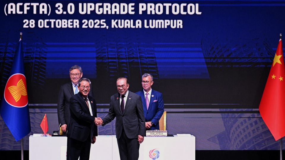 China urges ASEAN to stand with Beijing against “power politics” as both sides signed the ACFTA 3.0 trade pact in Kuala Lumpur.