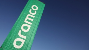 A banner bearing the Aramco logo is pictured at the Jeddah Corniche Circuit in Jeddah during the Saudi Arabian Formula One Grand Prix on March 8, 2024. Saudi Arabia's crude oil exports to China are set to touch a multi-year high in March after the kingdom cut its official selling prices to Asia. Photo / Giuseppe CACACE / AFP