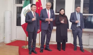 Mexico’s Deputy Economy Minister Vidal Llerenas and Teresa Mercado, the Undersecretary of Commerce, at an event in Beijing to commemorate 54 years of diplomatic relations with China. Image via @EmbZhangRun.”