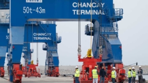 Workers are seen at the Chancay "megaport" in the small town of Chancay, 78 kilometers north of the Peruvian capital, Lima, on October 29, 2024. The port will be inaugurated on November 14, 2024, by Peruvian President Dina Boluarte and her Chinese counterpart, Xi Jinping, during the Asia-Pacific Economic Cooperation (APEC) summit in Lima. Photo / BOURONCLE / AFP