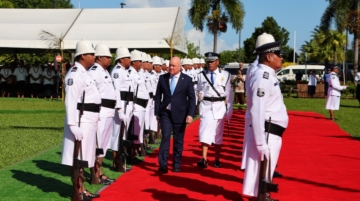 New Zealand's Prime Minister Christopher Luxon inspects a guard of honour in Apia on March 16, 2026. Photo / Ben STRANG / AFP