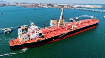 An oil tanker unloads imported crude oil at the Qingdao Port Oil Terminal in Shandong Province, China, on April 4, 2026. Photo by Costfoto/NurPhoto)(Photo by CFOTO / NurPhoto via AFP)
